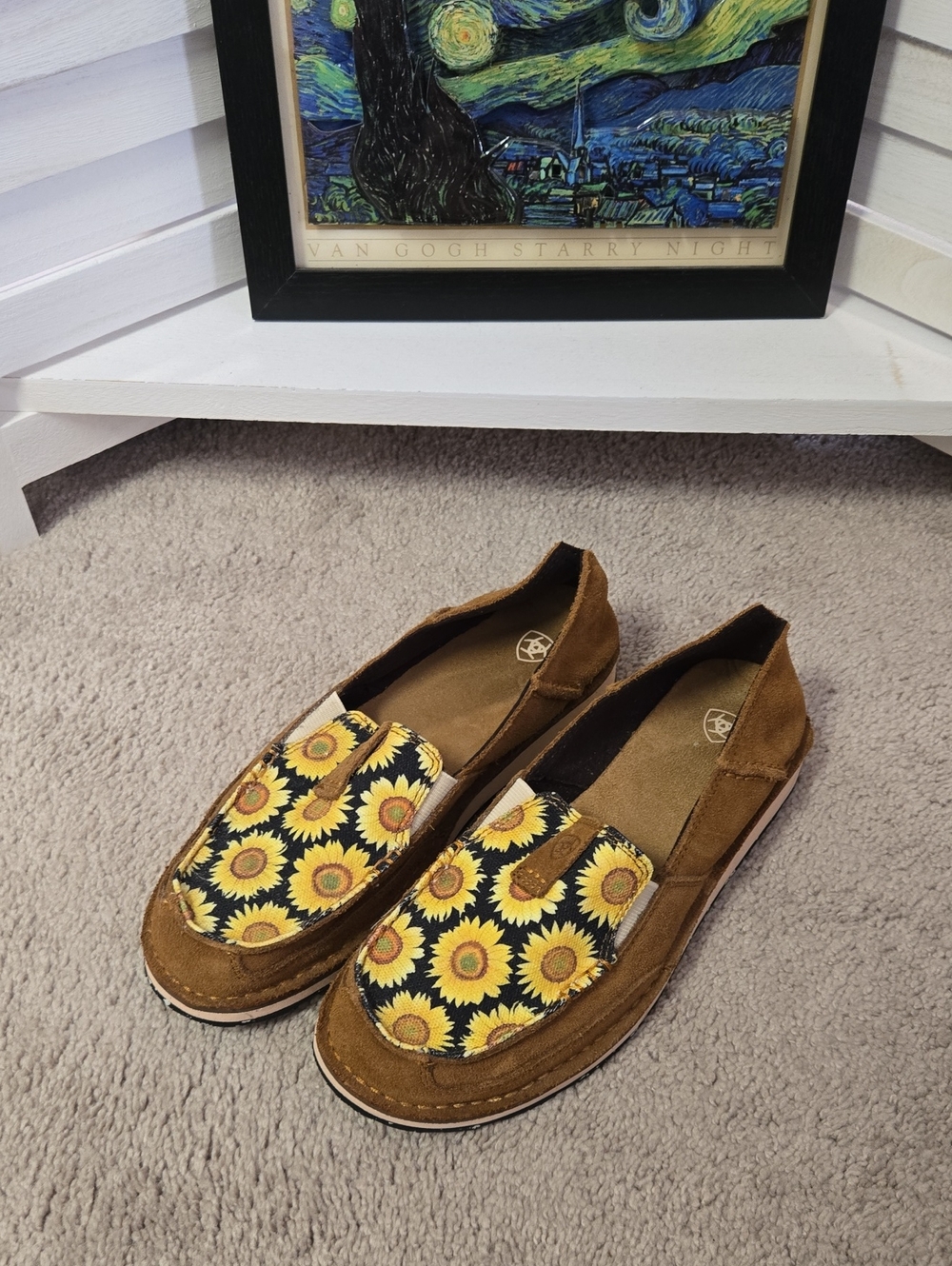 Ariat- NWOT! Brown Suede Loafers with Yellow Sunflower Print